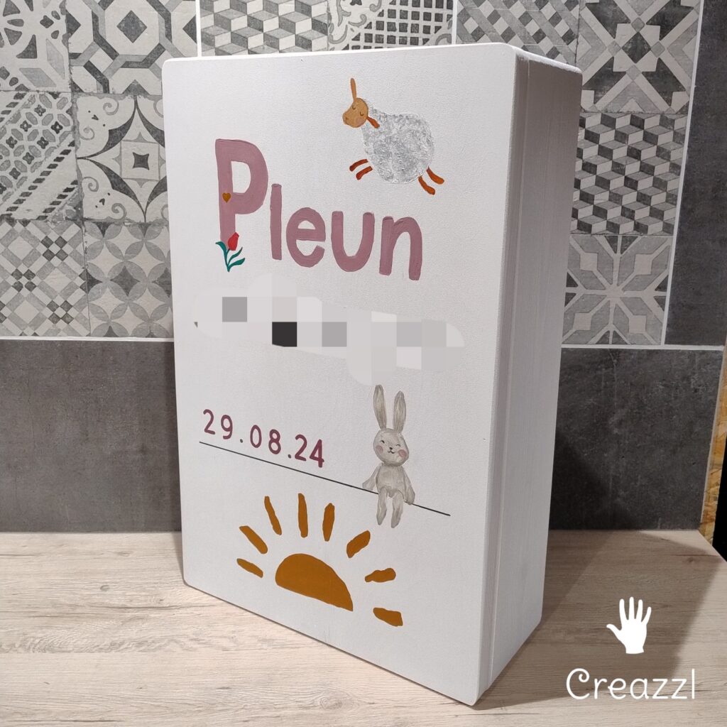 geboorte box geboortekist gepersonaliseerd vanaf geboortekaartje geschilderd of lasergravering Creazzl