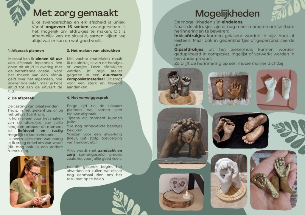 folder van Creazzl met informatie over bodycasting bij stilgeboorte en baby sterfte. het maken van beeldjes van baby hand en voetjes na overlijden.