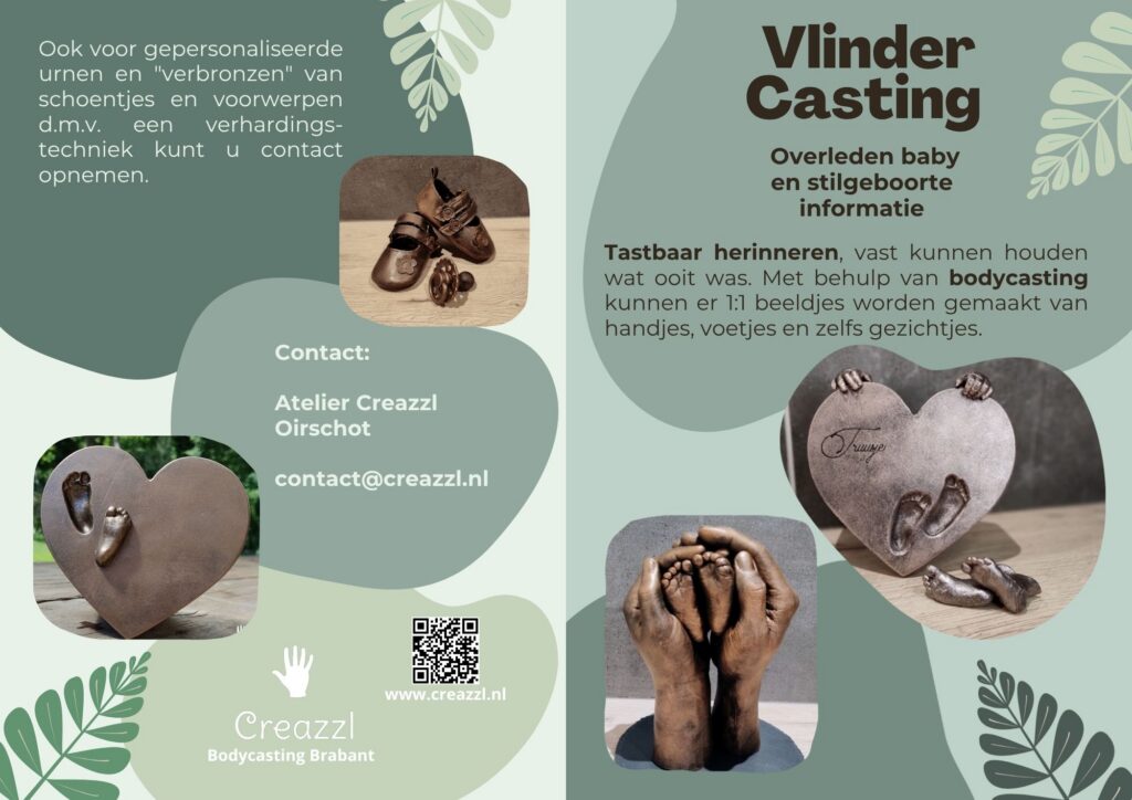 folder van Creazzl met informatie over bodycasting bij stilgeboorte en baby sterfte. het maken van beeldjes van baby hand en voetjes na overlijden.